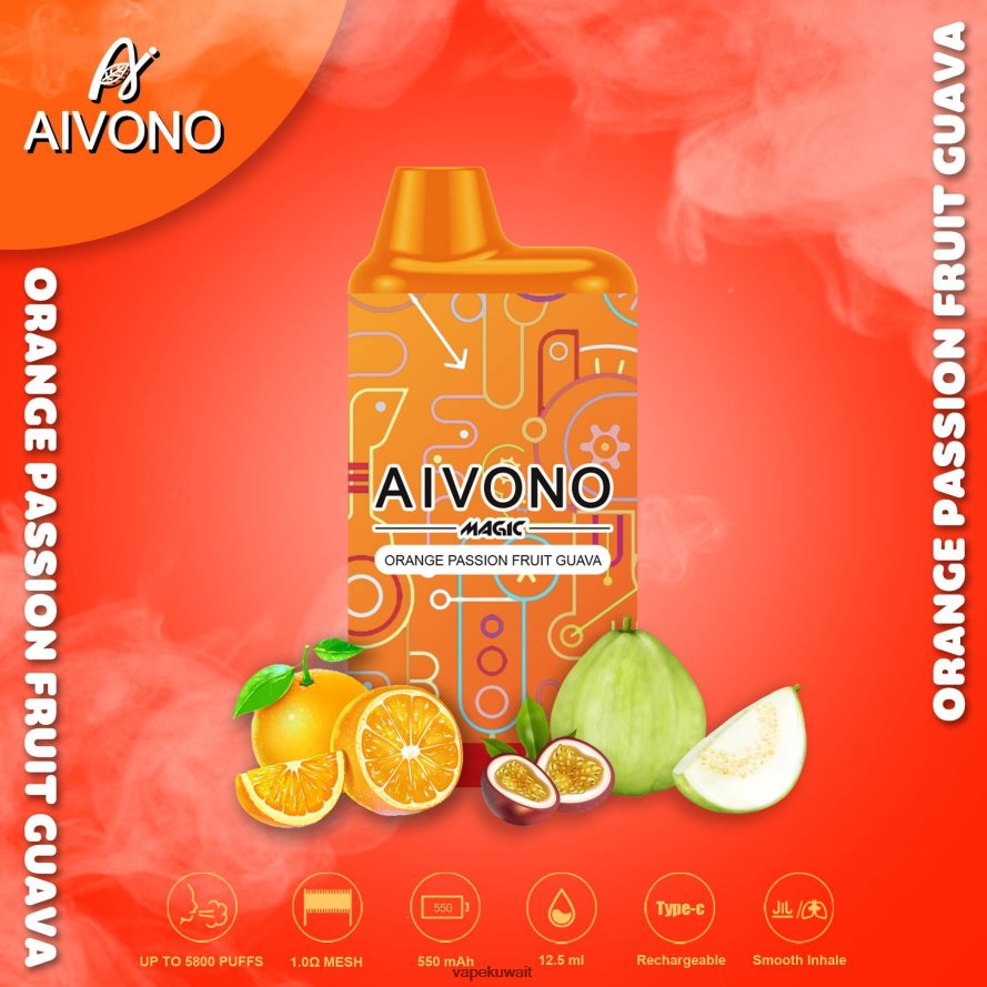 Aivono AIM MAGIC 5800 علبة سجائر بالفم برتقال باشن فروت جوافة - 66DF6090 Vape الكويت