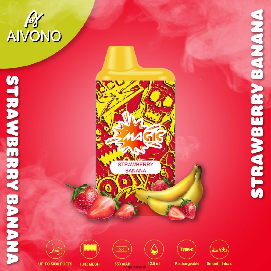 Aivono AIM MAGIC 5800 علبة سجائر بالفم موز فراولة - 66DF6093 Vape Kuwait